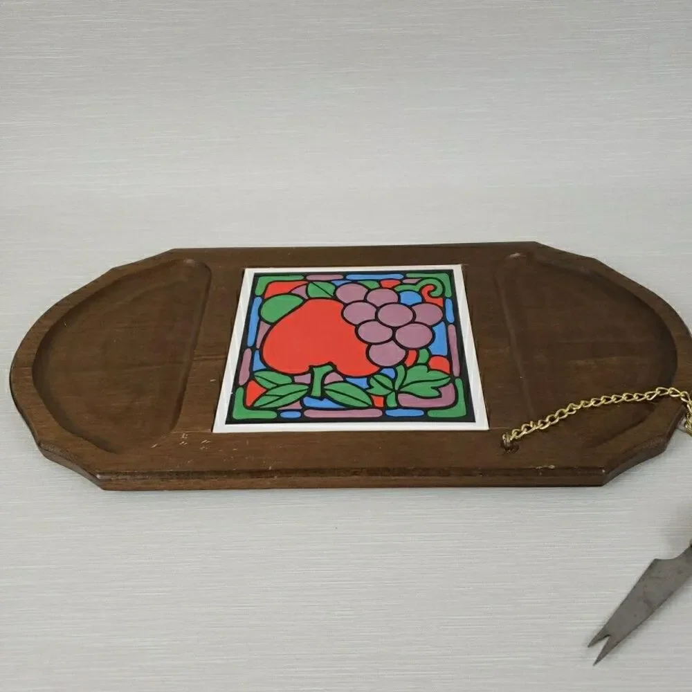 Vintage Charcuterie Board w/ Knife Cheese Platter Oval Wood Tray MCM
